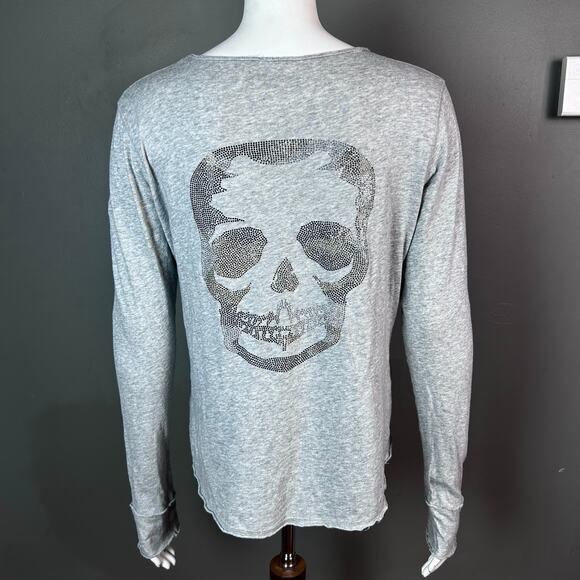 Zadig & Voltaire top Medium long sleeve t-shirt skull‎ studded henley gray - Picture 1 of 10